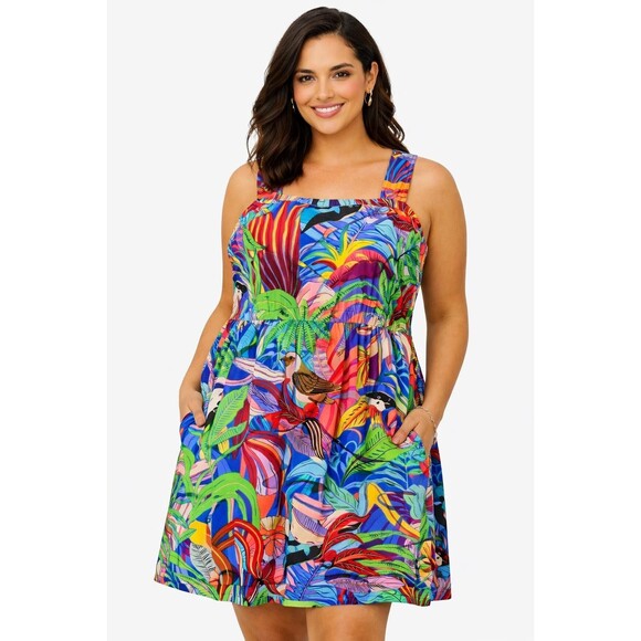 Anthropologie Dresses & Skirts - Anthropologie Orange Sigal Bird Palm Sundress Crossback Pockets Size XL Tropical